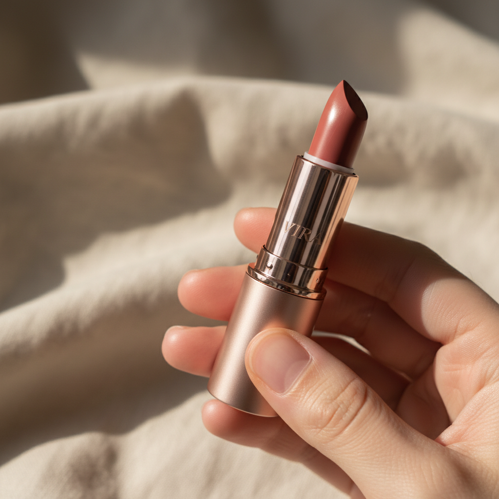 Aviraa lipstick in earthy Brown shade displayed on natural wooden surface with soft lighting
