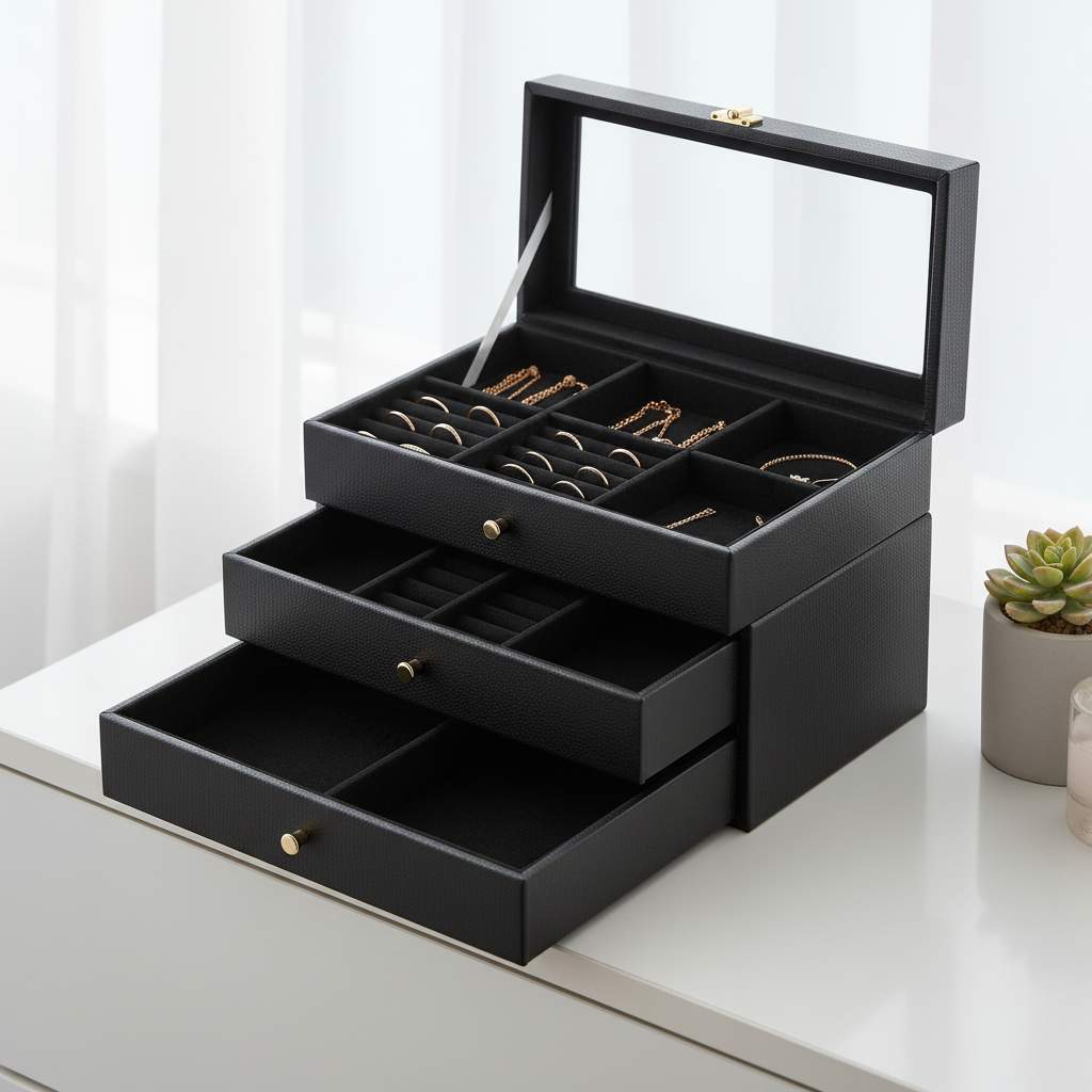 Premium Multi-Layer Jewelry Organizer in elegant black finish with multiple compartments for rings, earrings, necklaces and bracelets
