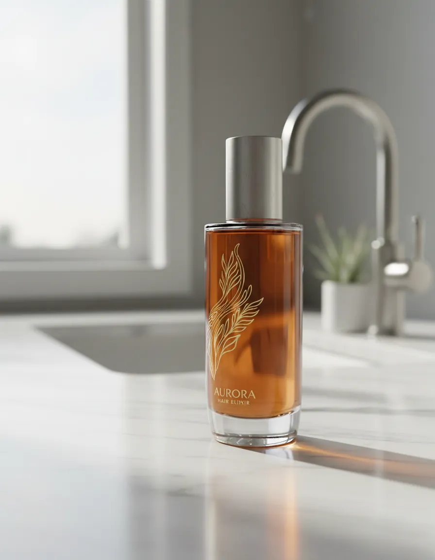 Close-up of golden oil droplets with botanical ingredients