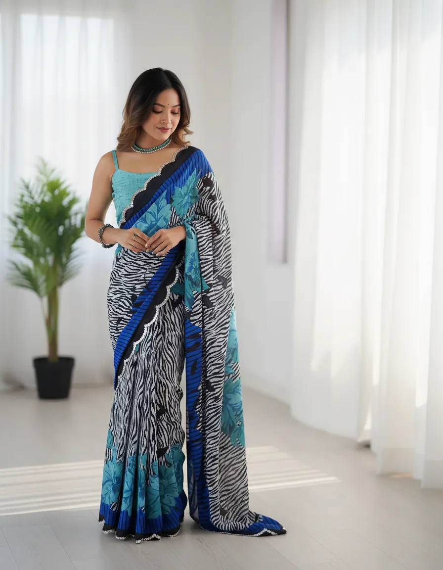 Black Chinon Abstract Print Saree