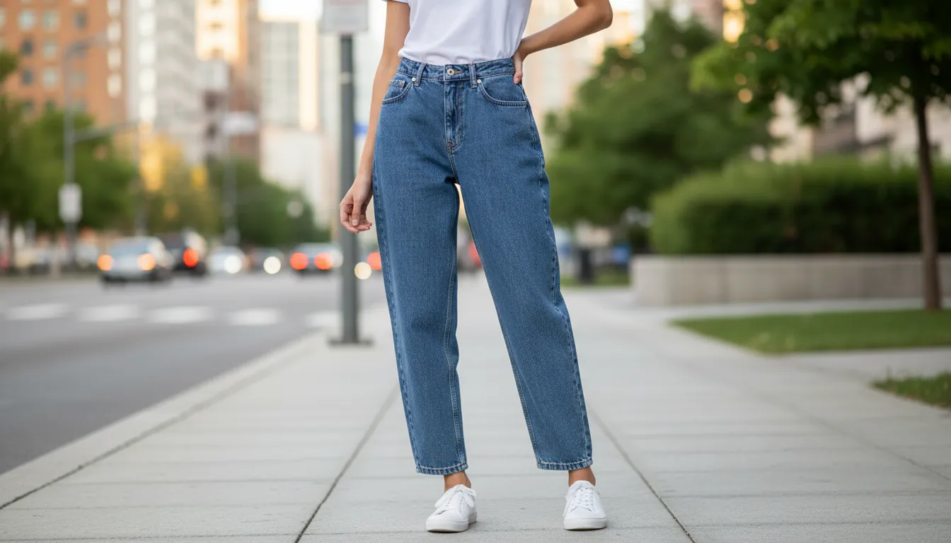 Model wearing wide leg jeans on city street