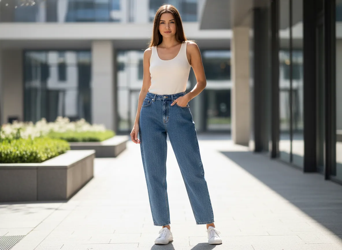 Tucked cropped top with wide leg jeans