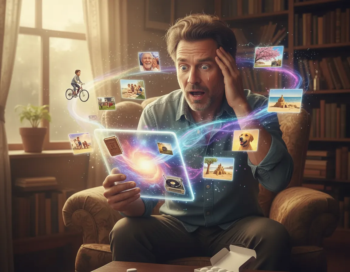 Person surrounded by floating memories