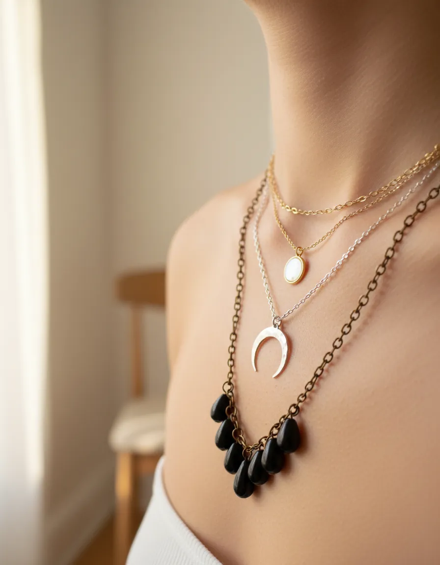 Party look with layered necklaces