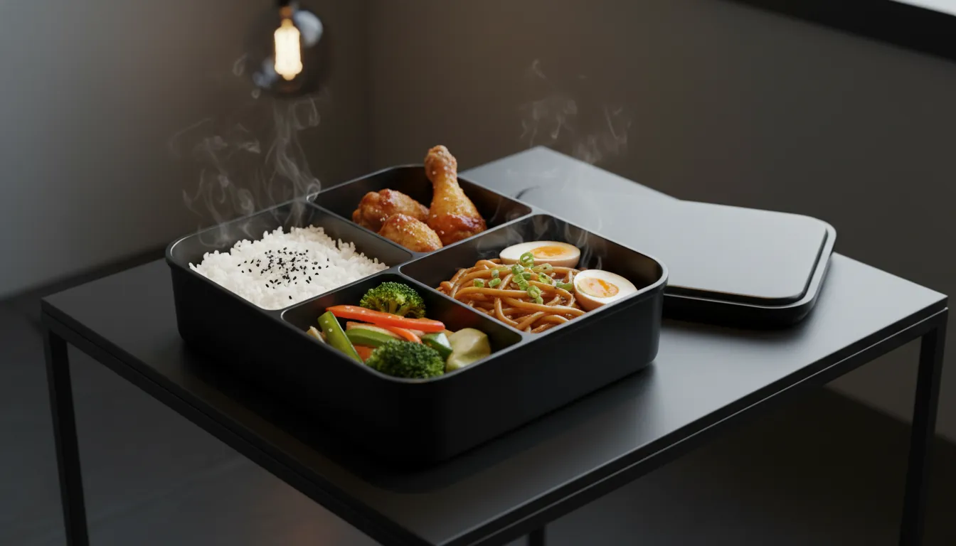 Illustration of frustrated office worker opening sad cold lunch