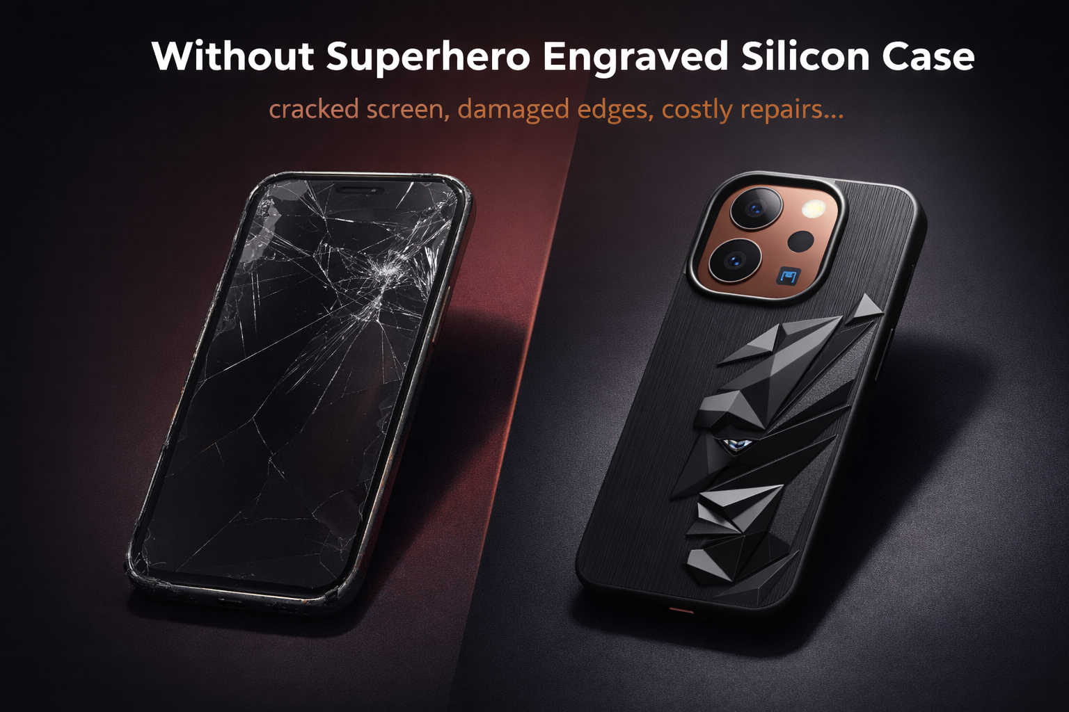 Without Superhero Engraved Silicon Case - cracked phone vs protected phone