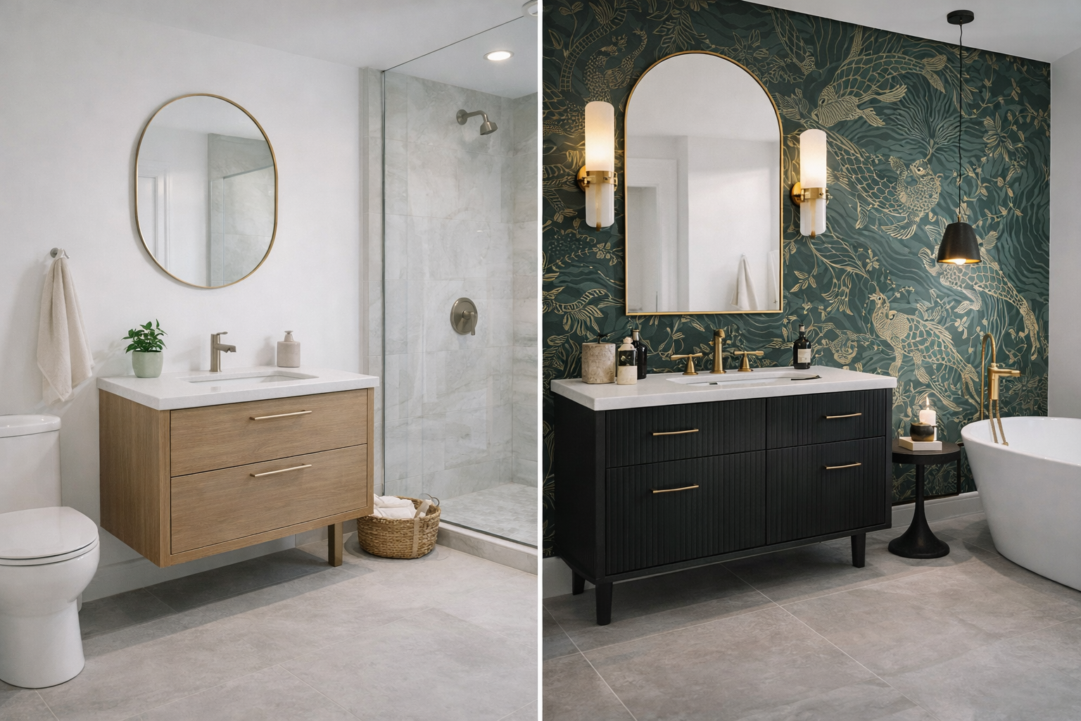 Tile samples and flooring materials for bathroom design