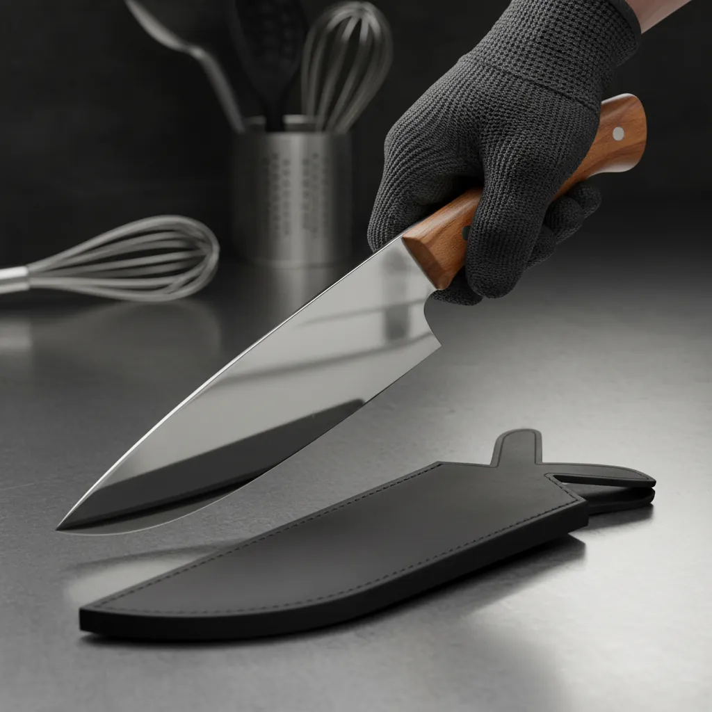 Priya confidently using professional knife set in modern kitchen