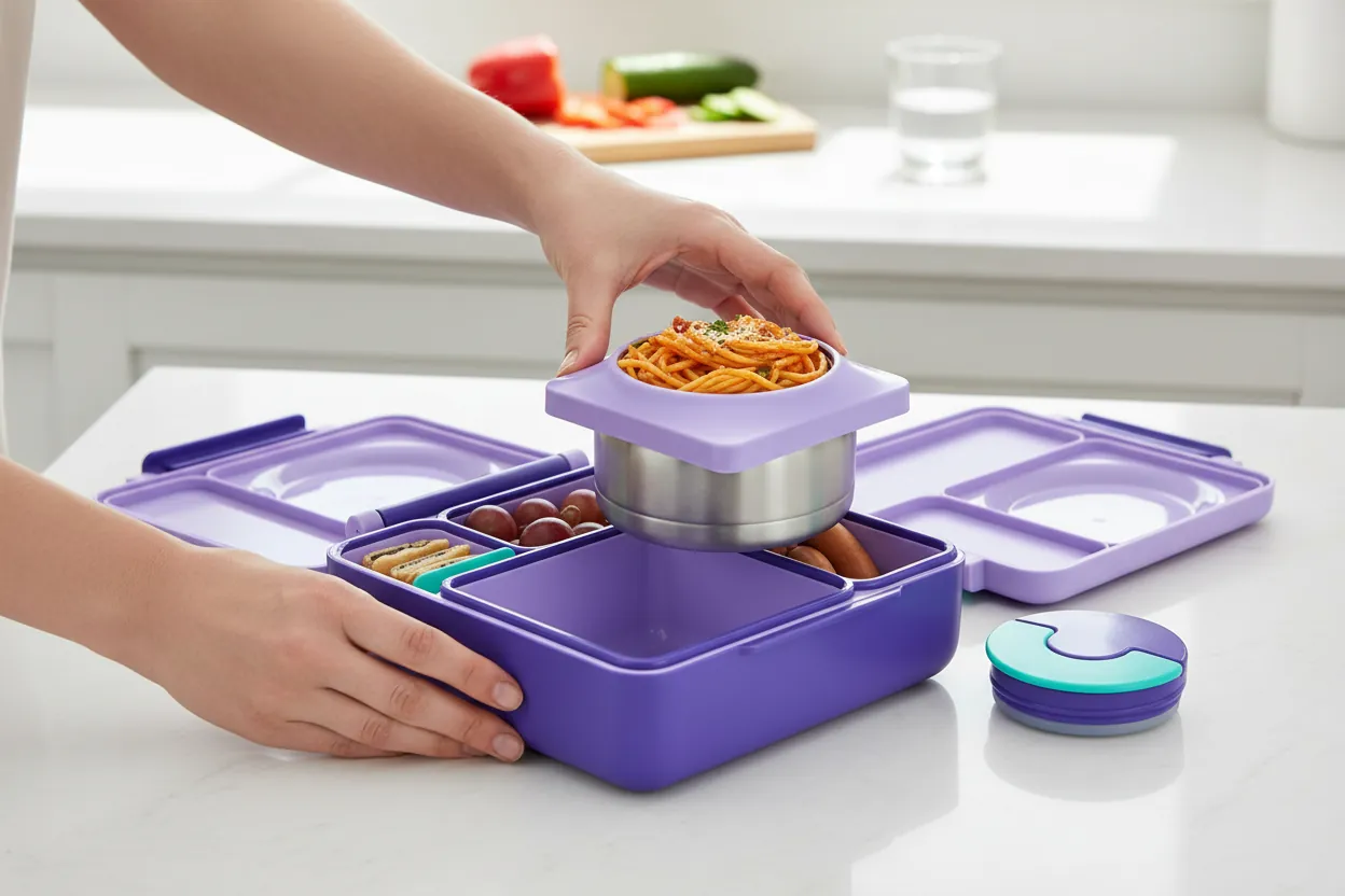 Bento Box in premium lifestyle setting with hot steam visible