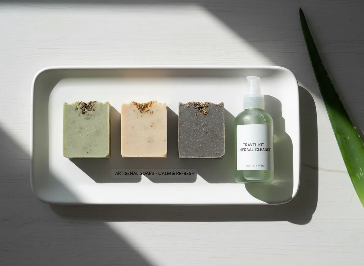Natural soap trio versus crossed-out luxury skincare bottle