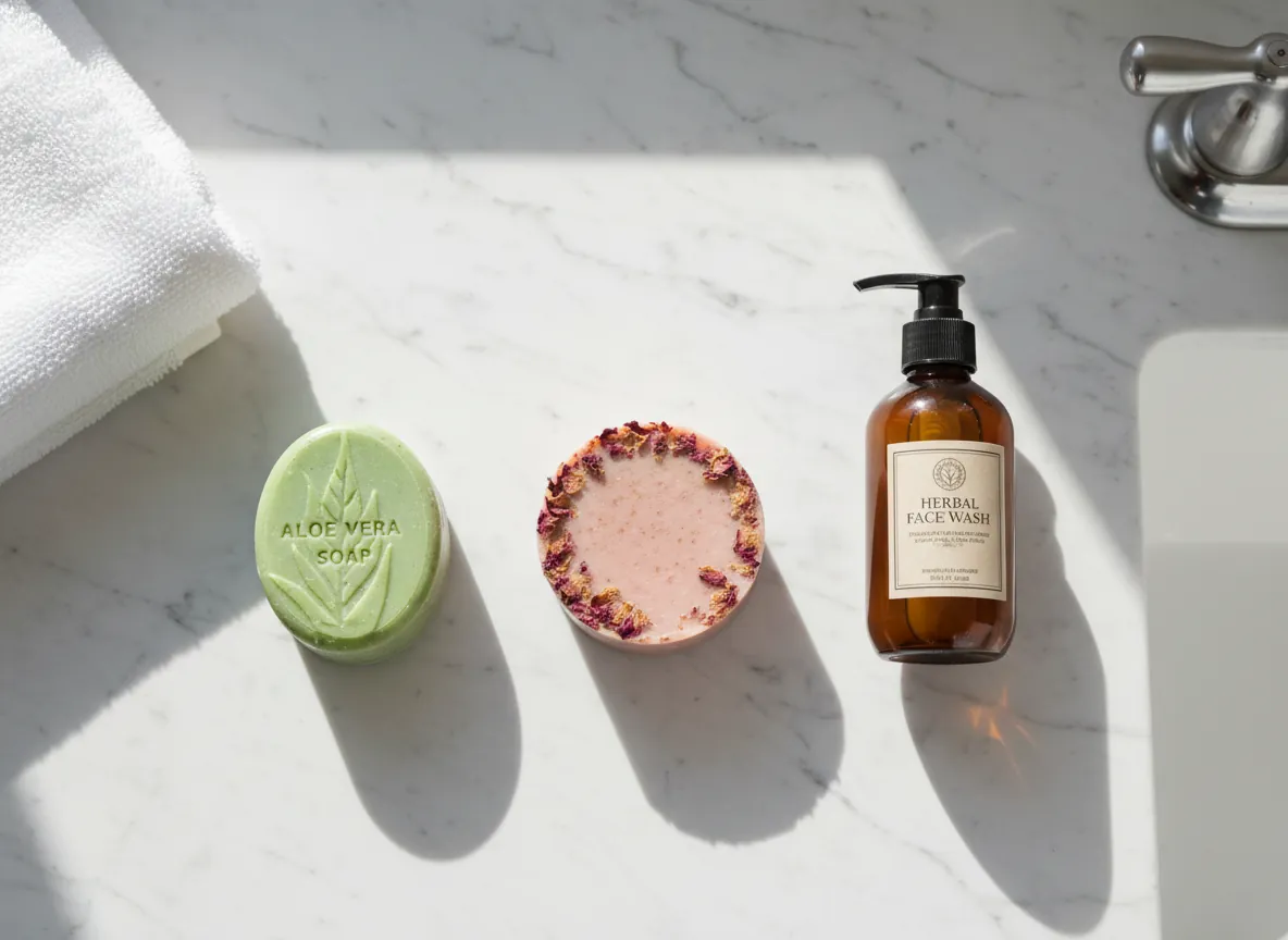 Cluttered bathroom with excessive skincare products